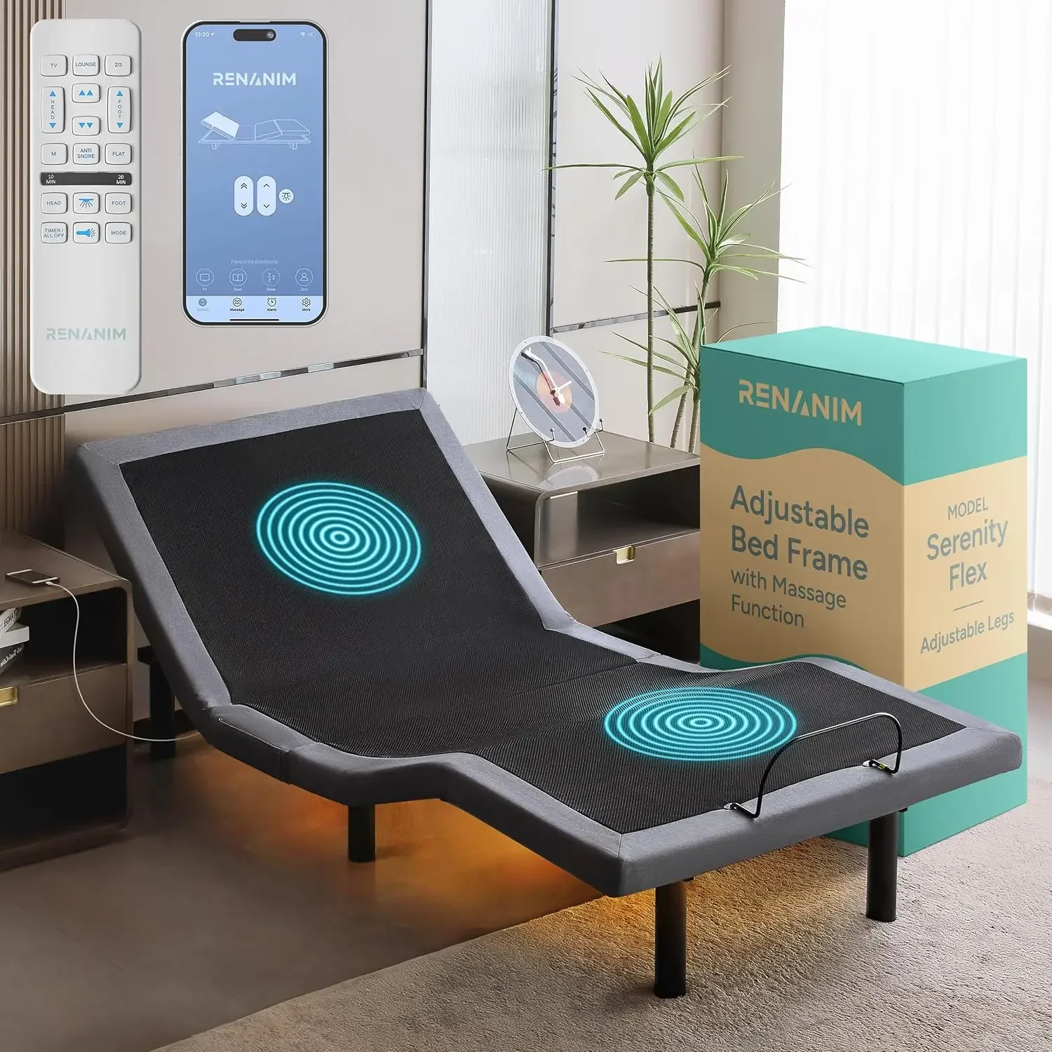 

Регулируемая кровать SF с массажем - только регулируемая кровать Twin XL, USB-порты, подсветка под кроватью, электрическая регулировка нулевой гравитации, индивидуальная настройка