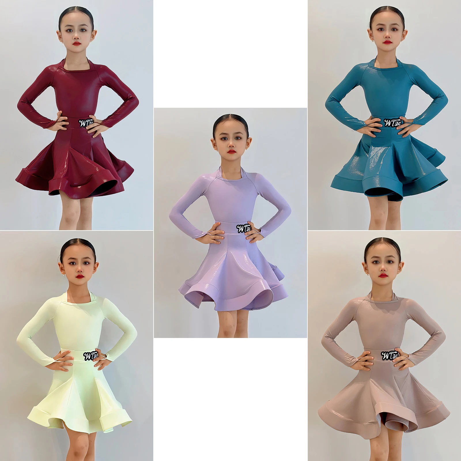

5 Colors Leather Latin Dance Clothes For Girls Long Sleeves Competition Dress Sets Cha Cha Rumba Dance Performance Wear DNV24140