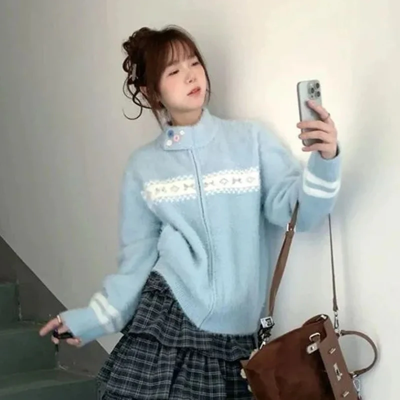 الأزرق خمر سترة متماسكة المرأة الحلو الجاكار زر المرقعة كم طويل سترة الوقوف طوق البريدي فضفاض بلايز الكورية عادية