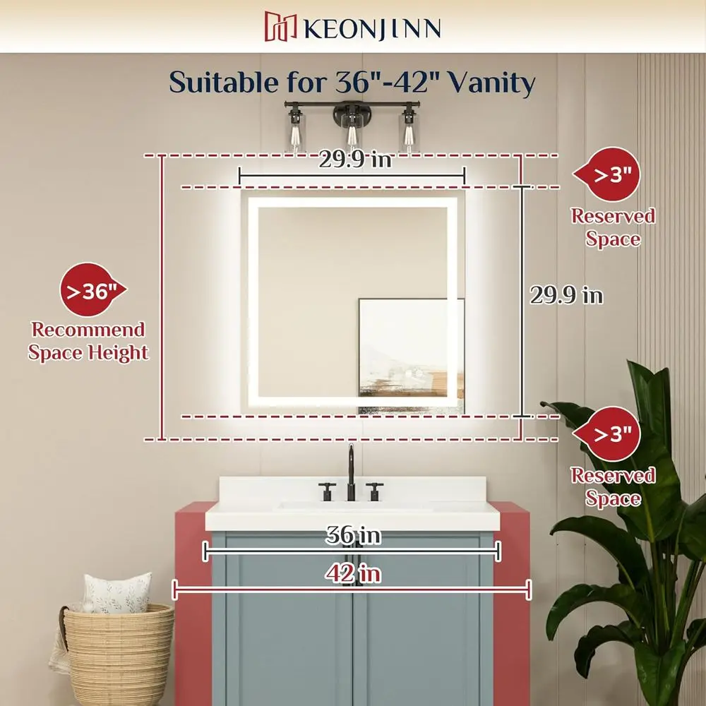 مرآة حمام LED مقاس 30 × 30 بوصة مع إضاءة أمامية وخلفية، أضواء 3 ألوان قابلة للتعتيم، زجاج مقسى مضاد للضباب، معتمد من UL #3