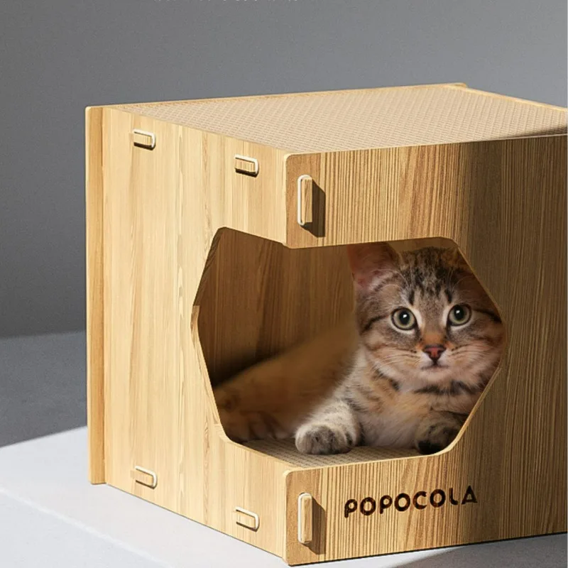 Cat Nest, Four Seasons General Closed Corrugated Paper Pet Houses,Solid Wood Human Cat Shared Furniture Double-layer Cat's House