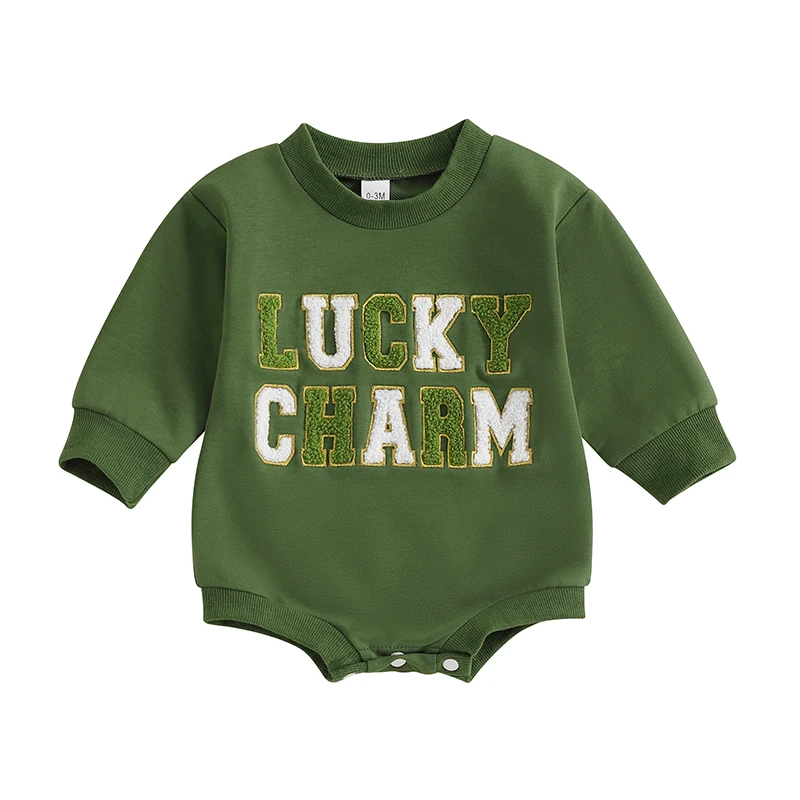 Unisex Baby Girl Boy St. Patrick Day Outfits Letter Clover Embroidery Long Sleeve Romper Bodysuit Spring Clothes