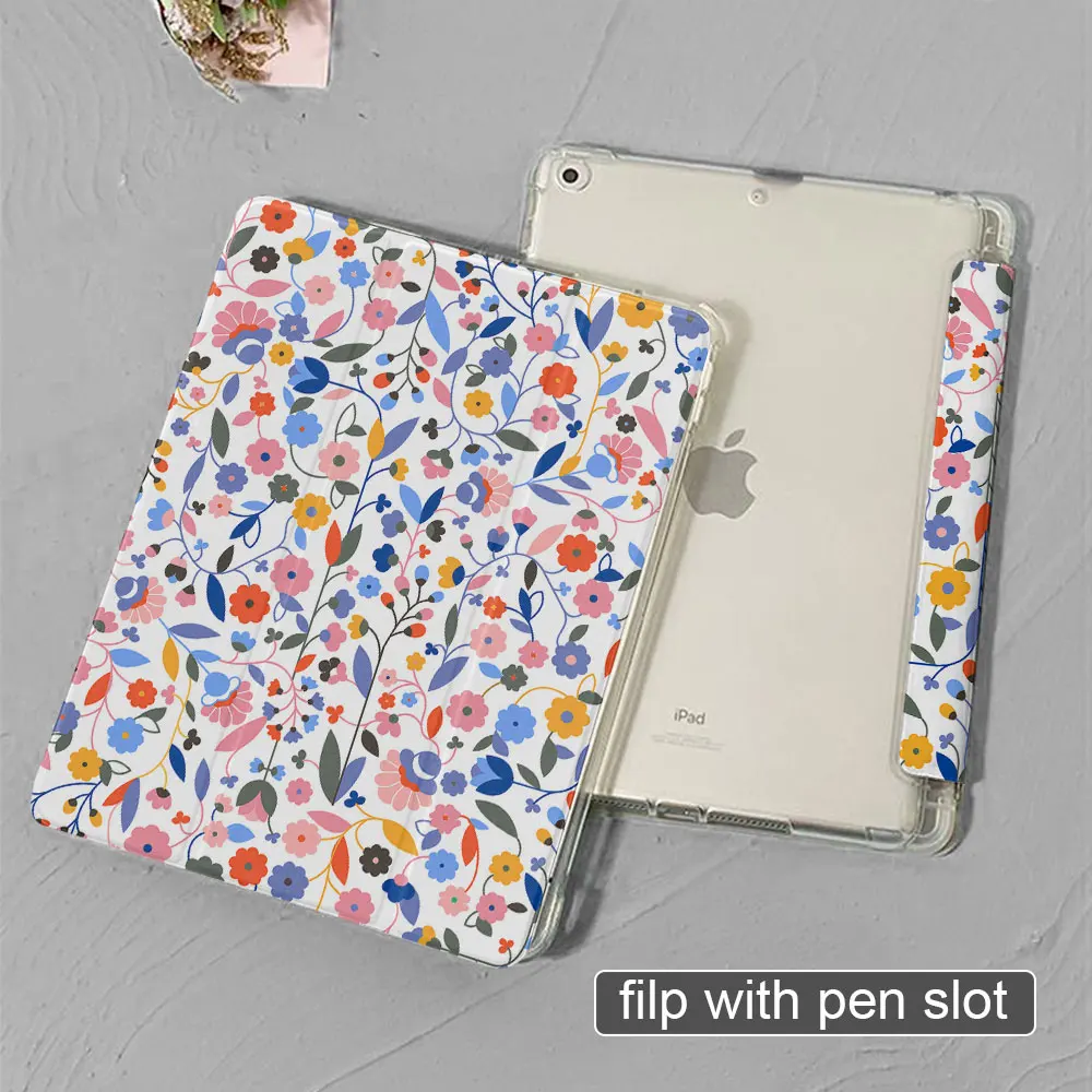 iPad case Colorful flower pattern 2022Pro11 has pen slot sleep wake up iPad 7th generation TPU leather case silicone soft case