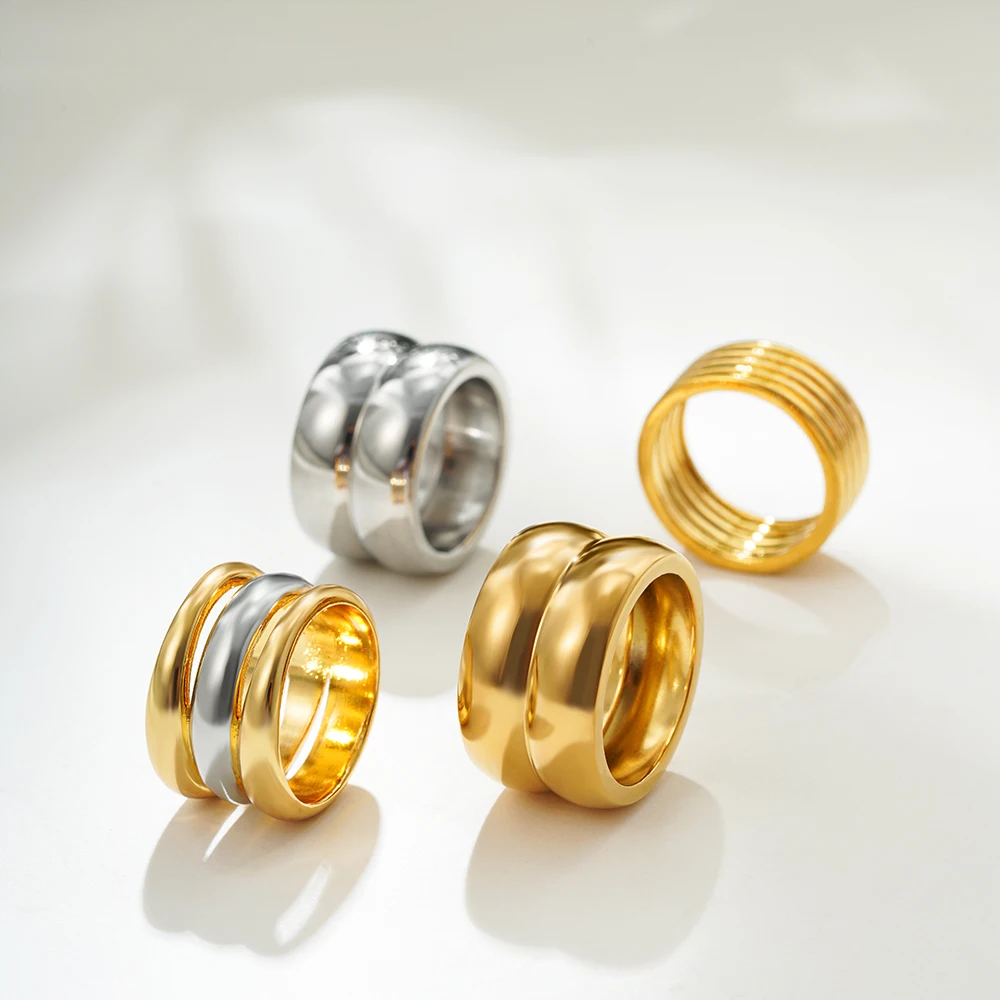 Bagues épaisses en acier inoxydable poli pour femmes, nouvelle qualité, ne ternit pas, plaqué or 18 carats, mélange de couleurs, bague en métal, bijoux Punk