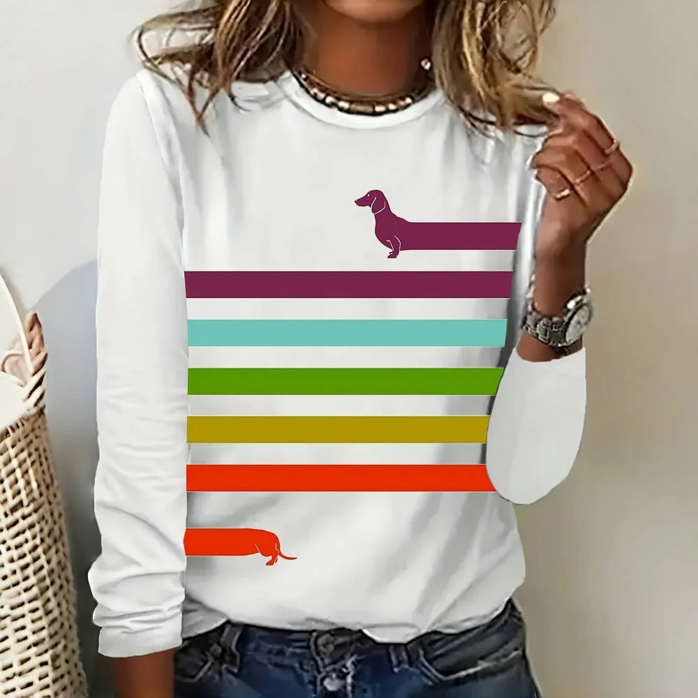 Simple Stripe Women\'s T-shirts Funny Dachshunds Print Long Sleeves T shirt Designer Women Clothing Pullover Fall Cotton Tops