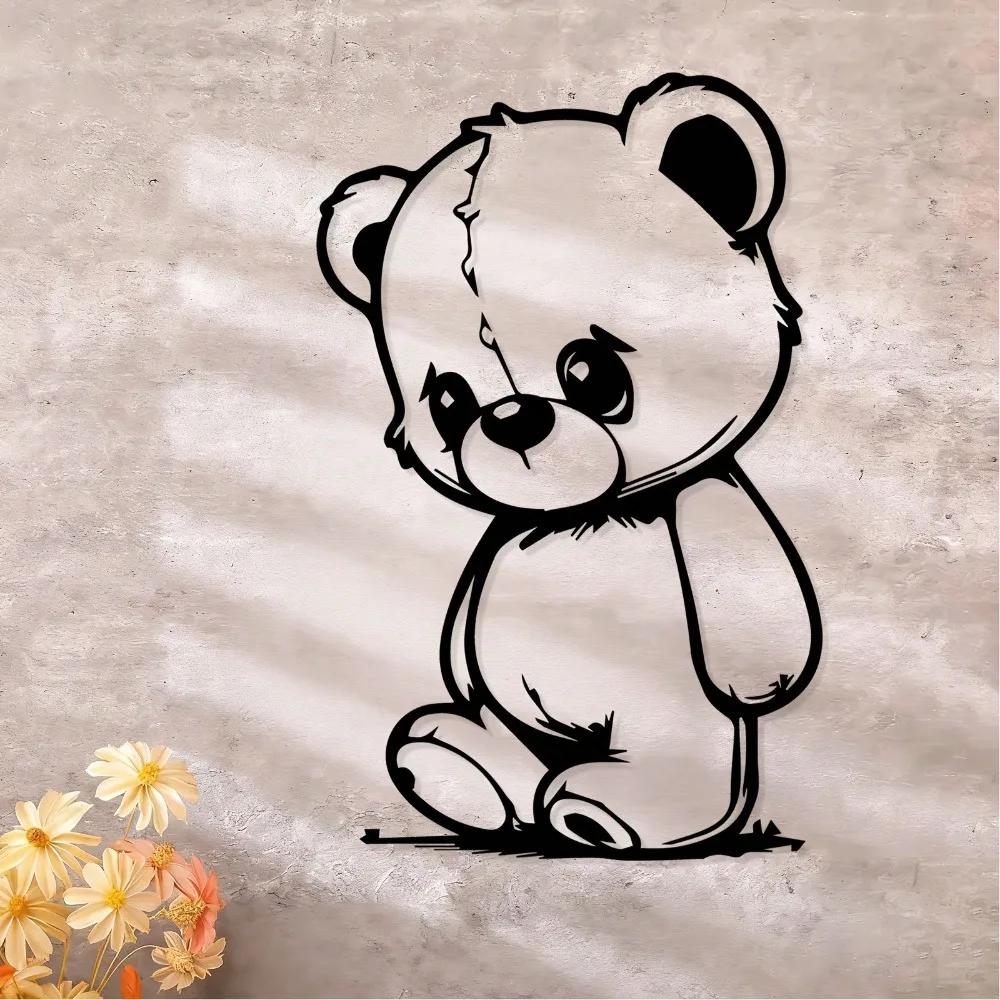 Metal Wall Decor Teddy Bear Statue - Black and White Powder Coated Iron Sculpture, Room Decor Kids Gift for Birthday