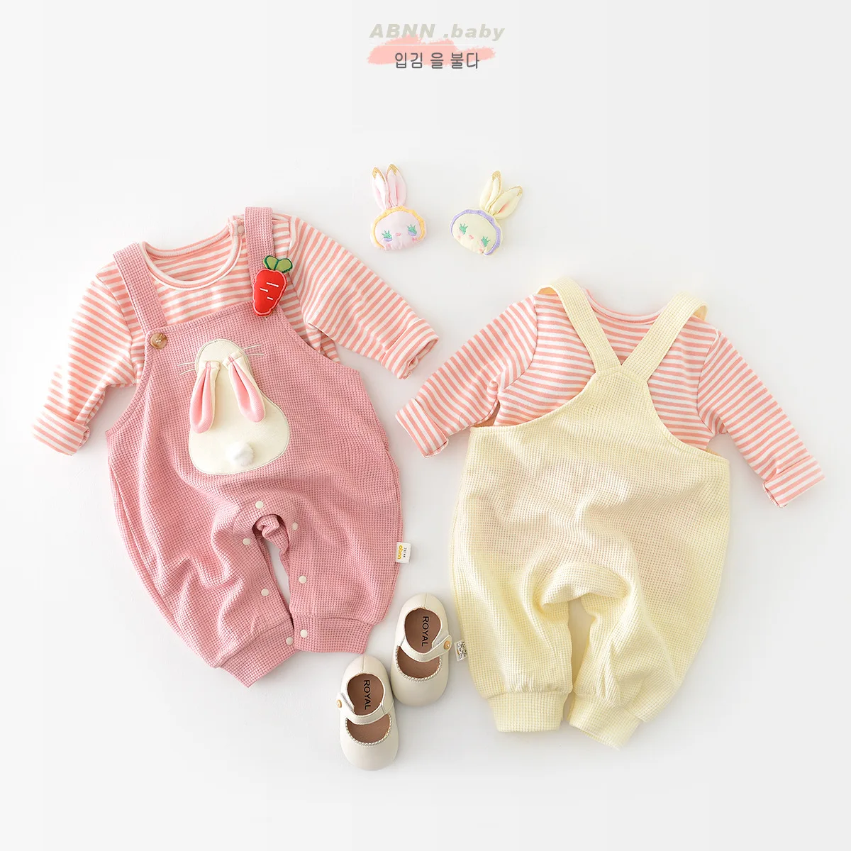 Spring New Baby Foreign Cartoon Suspenders Girl Striped T-shirt Two-piece Set