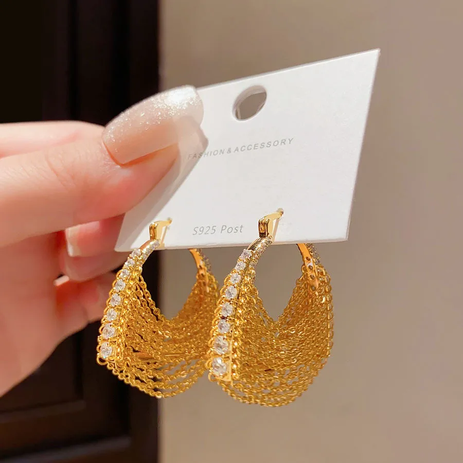 

18k real gold electroplated zircon chain hollow round triangle ear buckle European and American earrings