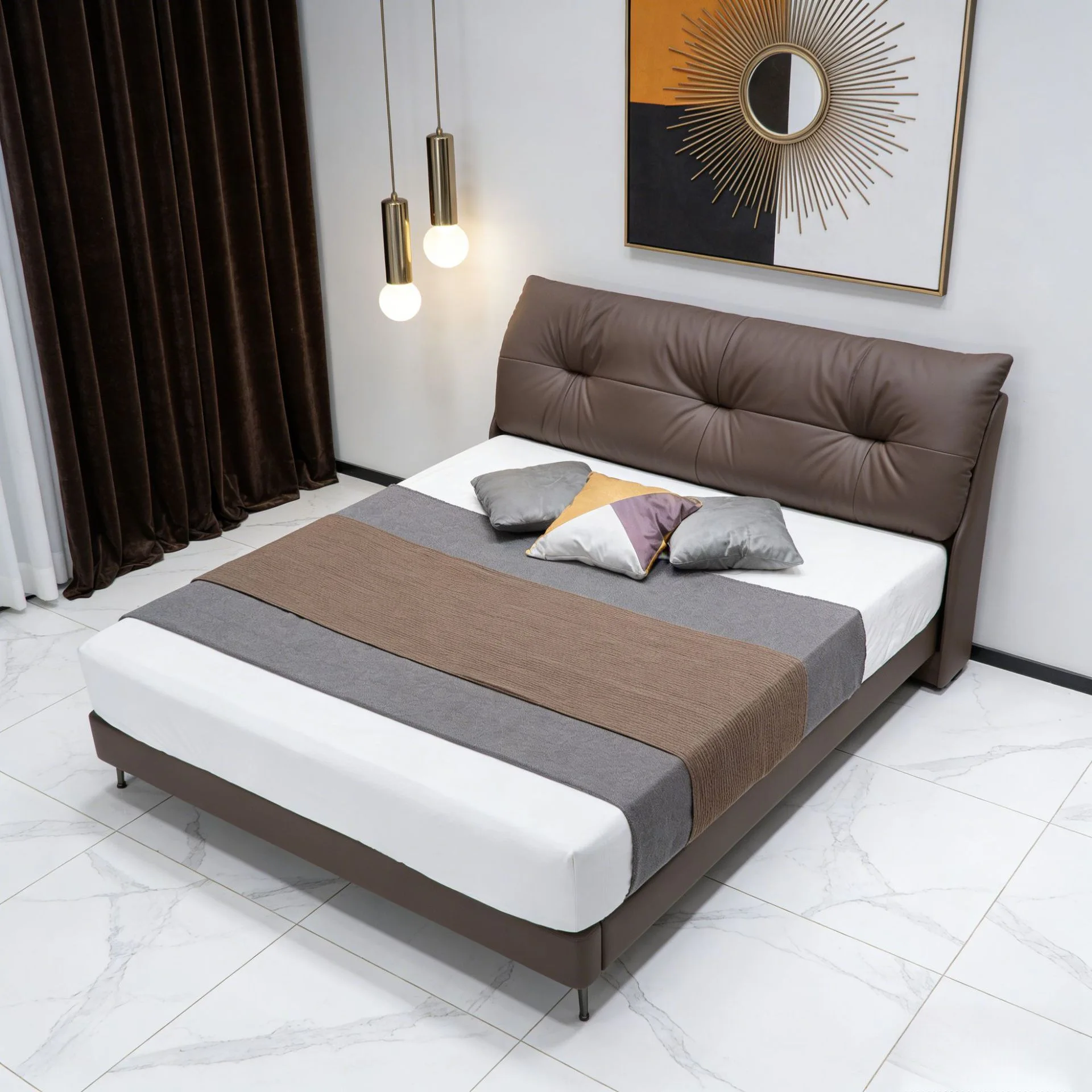 AM dimple bed, Italian light luxury leather bed, large backrest with buckle soft bag, double bed with high feet and flush edges