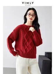 VIMLY Women Vintage Casual Diamond O-neck Pullover Sweater WinterChic Simple Elegant Warm Sweaters Office Lady Knitted Tops