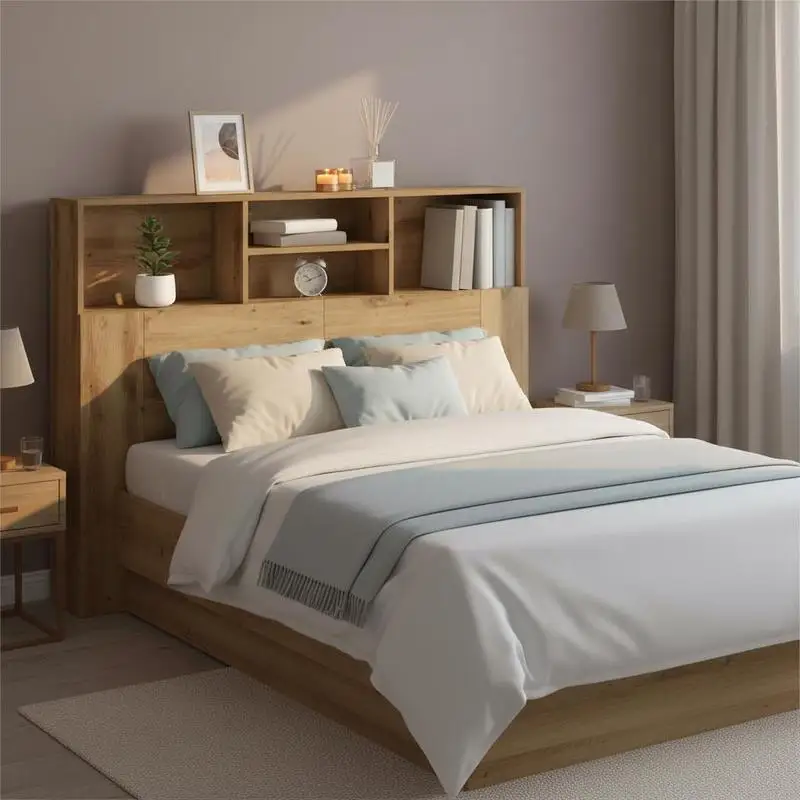Tête de lit en bois d'ingénierie avec étagère de rangement, design nordique minimaliste, surface lisse résistante à l'humidité, grande capacité de rangement pour livres et décorations