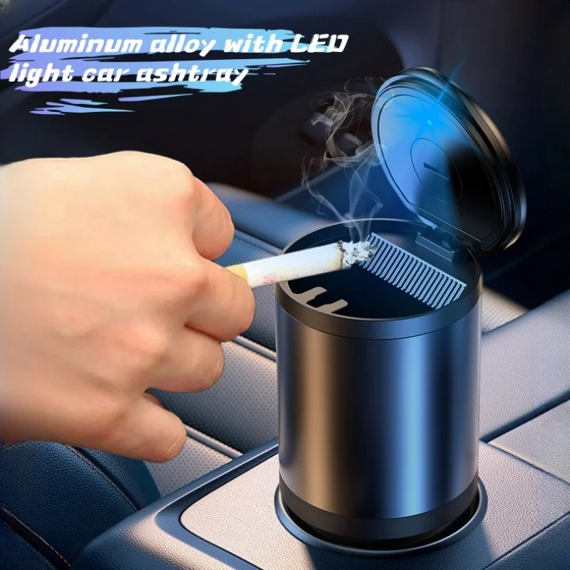 

ISGTDRM Car Ashtray With LED Light Universal Alloy Ash Tray Aluminum Cup Smokeless Ashtray Flame Retardant Cigarette Holder Box