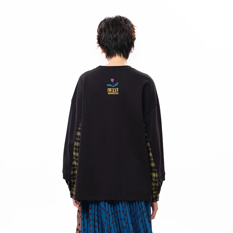 MOVEUP Long Sleeved Round Neck Sweatshirt Winter Contrast Color Splicing Plaid Curved Hem Drop Sleeves Women Top 3EWD11492