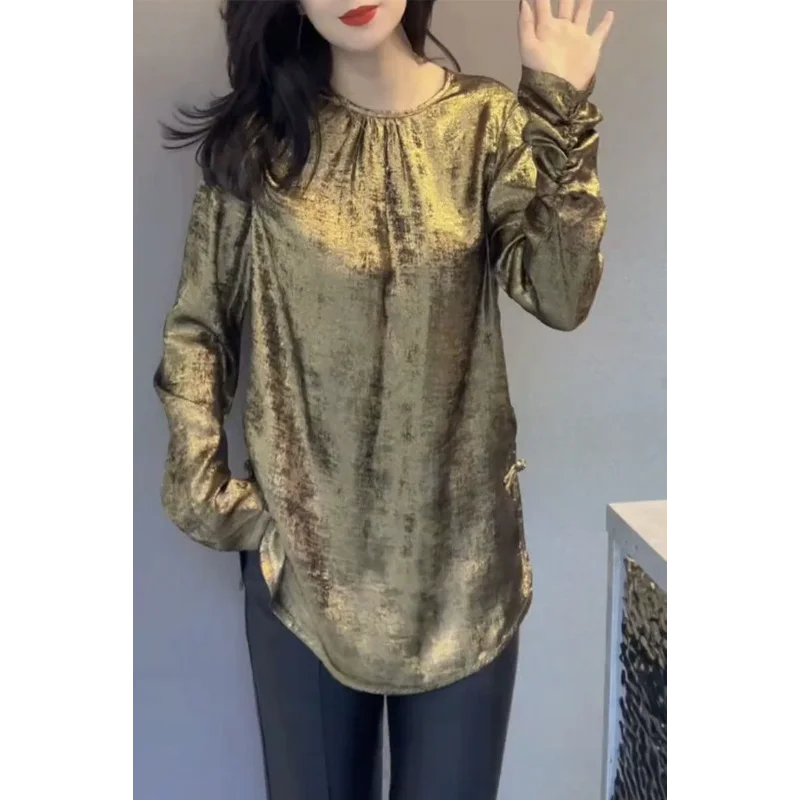 

Новые высококачественные универсальные топы в китайском стиле в стиле ретро, весна-осень 2024, новая модная темпераментная золотая свободная рубашка на пуговицах