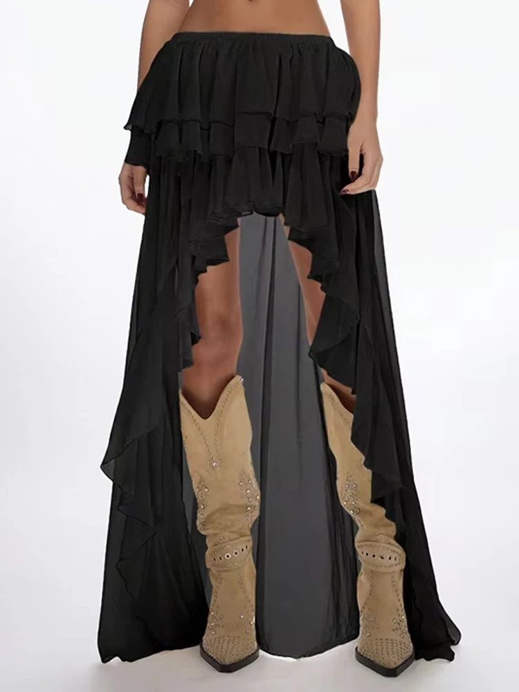 

Элегантная юбка с рюшами и асимметричным подолом, модная плиссированная однотонная длинная юбка с оборками, женская повседневная свободная шифоновая юбка для отпуска