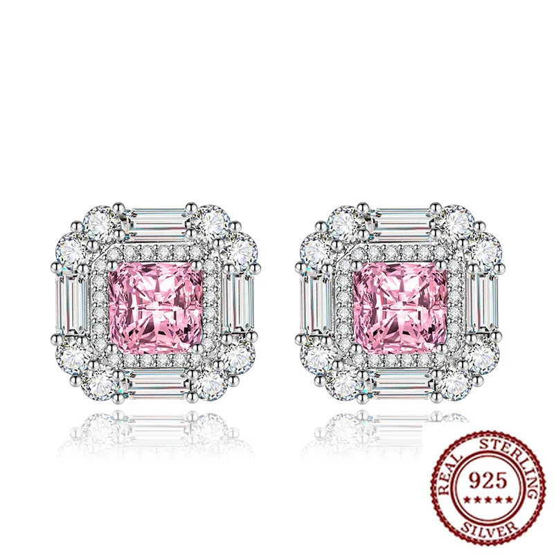 

925 Sterling Silver High Carbon Diamond Redion Cut Color Treasure Geometric Princess Square Earrings Ruby Earring Set