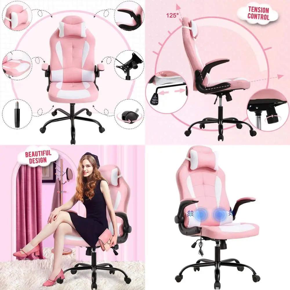 

Эргономичное поворотное кресло из искусственной кожи с поясничной опорой, подголовником и подлокотниками для использования у компьютерного стола, розовое