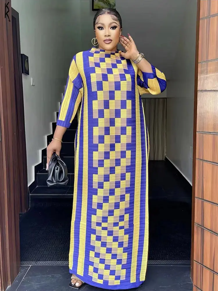 

Miyake Pleated Maxi Long Dress of Women 2024 Designer Plaid Long Sleeve Color Block Loose Formal Dresses Summer New Hot Sales