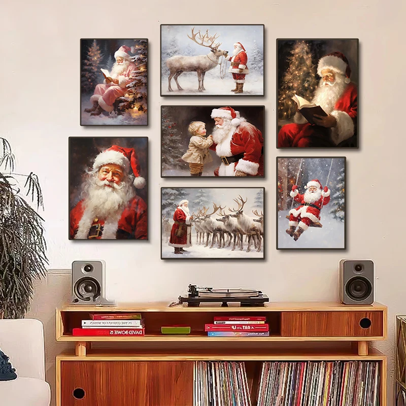 Vintage Santa Claus on A Swing Poster Reindeer Prints Canvas Printing Christmas Holiday Wall Art HD Picture for Home Decor Gi