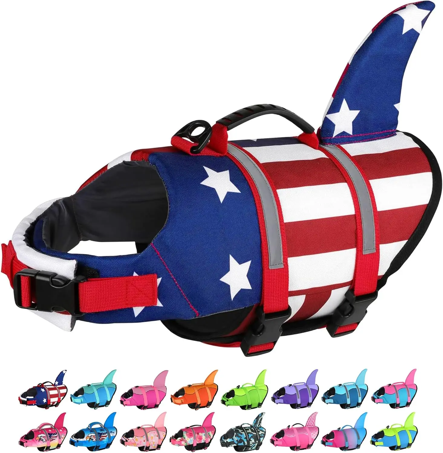 

Спасательный жилет для собак с американским флагом и светоотражающими полосами, регулируемый, с высокой плавучестью, для маленьких и крупных собак - размер XL