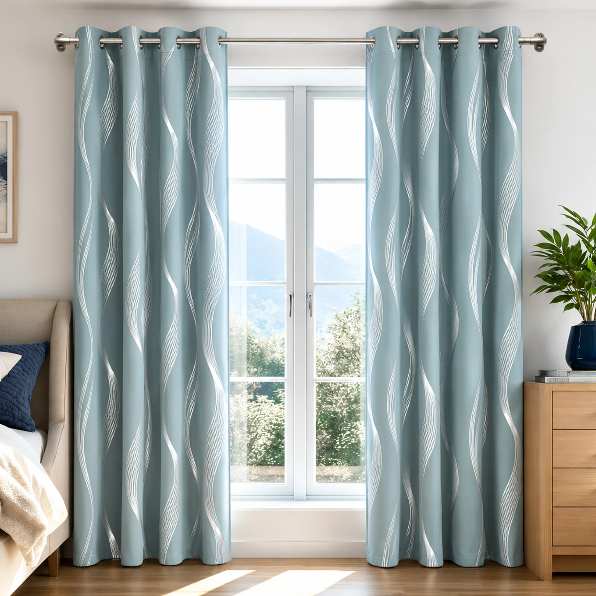 4 Panels Silver Foil Blackout Curtains 100% Blackout Thermal Insulated Noise Reducing Drapes with Black Waterproof Coated Backing
