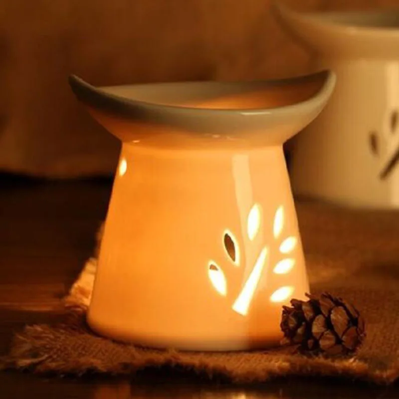 White Porcelain Hollow Leaf Essential Oil Burner Candle Holder Aroma Lamp Aromatherapy Burner for Bedroom Smell Home Decor