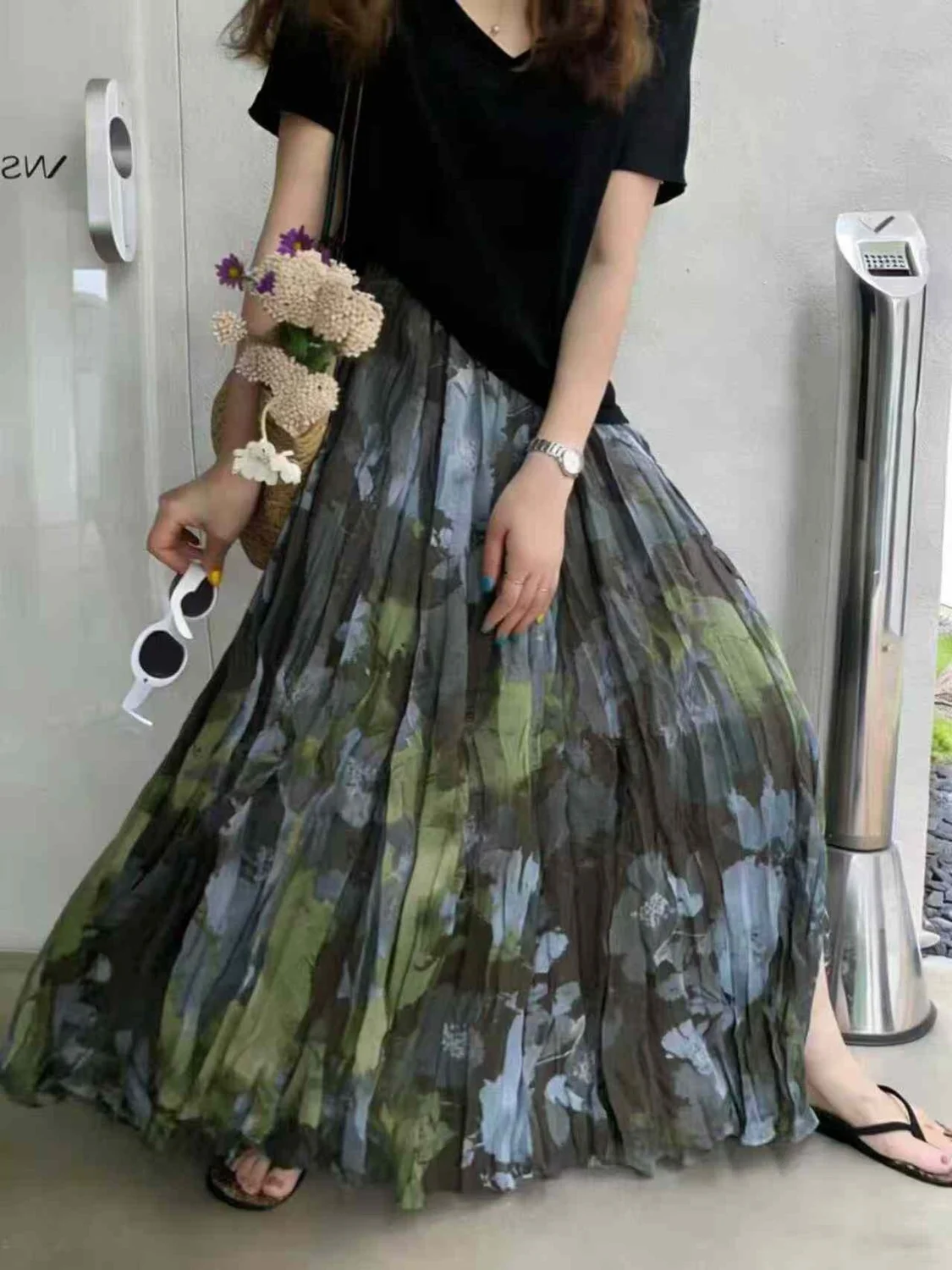 Falda Midi con Estampado Floral de Verano, Corte en A, Cintura Alta, Plisada, Vestido Informal para Mujer, Color Verde Tinta y Agua, Corte Holgado, Fibra de Poliéster