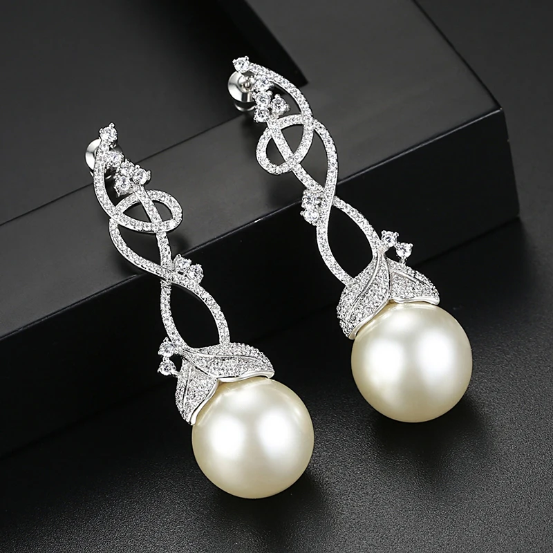 LUOTEEMI Cane Vine Cubic Zirconia Big Imitation Pearl Drop Earrings For Woman Korean Fashion Wedding Bridal Sweet Accessories