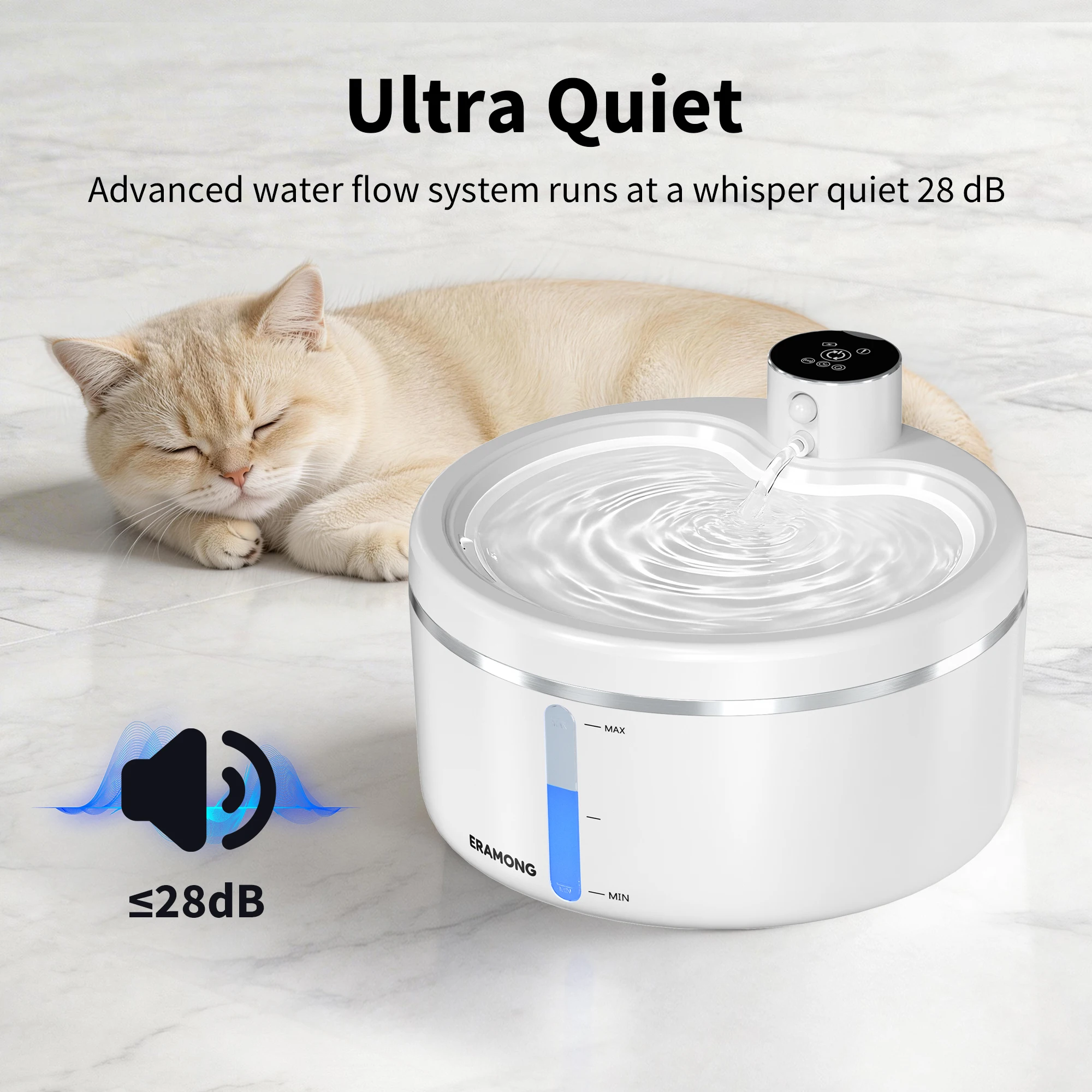 ERAMONG 2.7L Wireless Intelligent Cat Water Fountain 4000mAh Battery Ultra Quiet 28dB Auto Sensor Pet Water Dispenser for Cats and Small Dogs, Two Filter Elements Are Included as a Gift