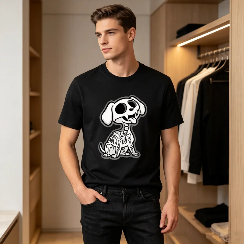 Puppy Skull Gothic Cartoon Graphic T-Shirt Dark Cute Dog Skeleton Cotton Short Sleeve Tee Casual Streetwear for Men Women