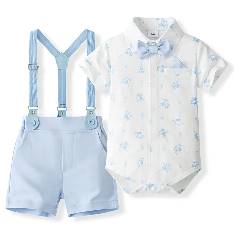 

4Piece Set Summer Toddler Boy Outfits Korean Fashion Gentleman Print Short Sleeve Cotton Bodysuit+Shorts Baby Newborn Items B141