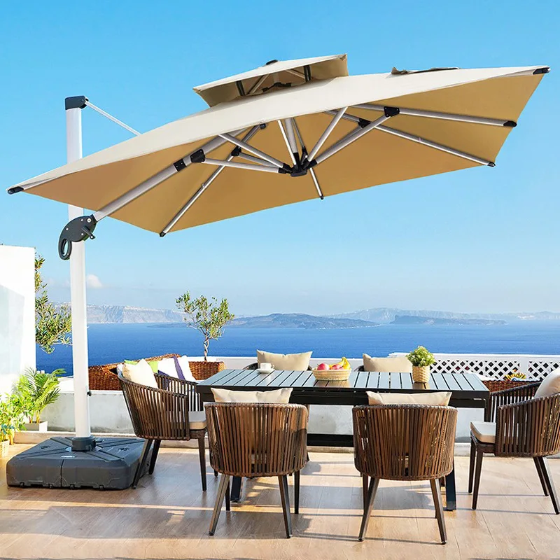 10FT Khaki Cantilever Hanging Umbrella Aluminum Frame 360° Rotatable Outdoor Sunshade Parasol for Garden Patio Courtyard