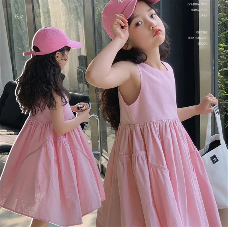 

Baby Girl Dress Girls Ramie Cotton Vest Dress 2024 New Summer Little Girl Pink Short Sleeve Princess Skirt Baby Dresses