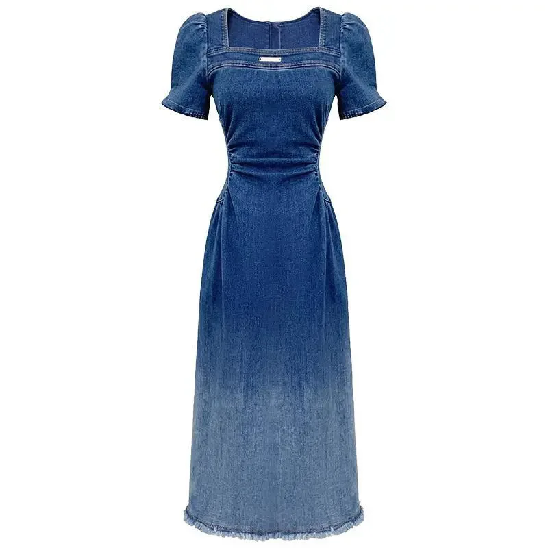 

2026 New Summer Women's Vintage Square Neck Gradient Denim Dress Pleated Waist Slimming Fringe Dress Fashion Elegant Dresses