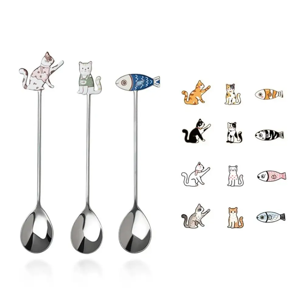 1Pcs Stainless Steel Coffee Stirring Spoon Cute Cat & Fish Design Fruit Dessert Fork Milk Spoon with Cup Hanging Feature