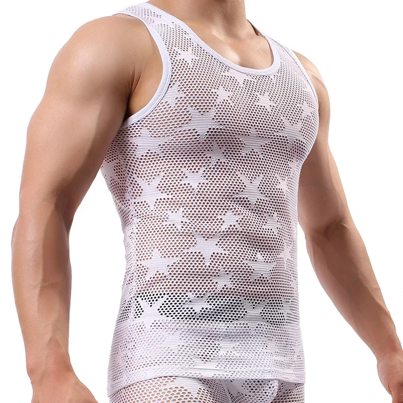 

Men Vest Undershirt Mesh Shirt See Through Sheer Sleeveless Men's Tank Top Sexy Transparent Shirt Breathable Tank