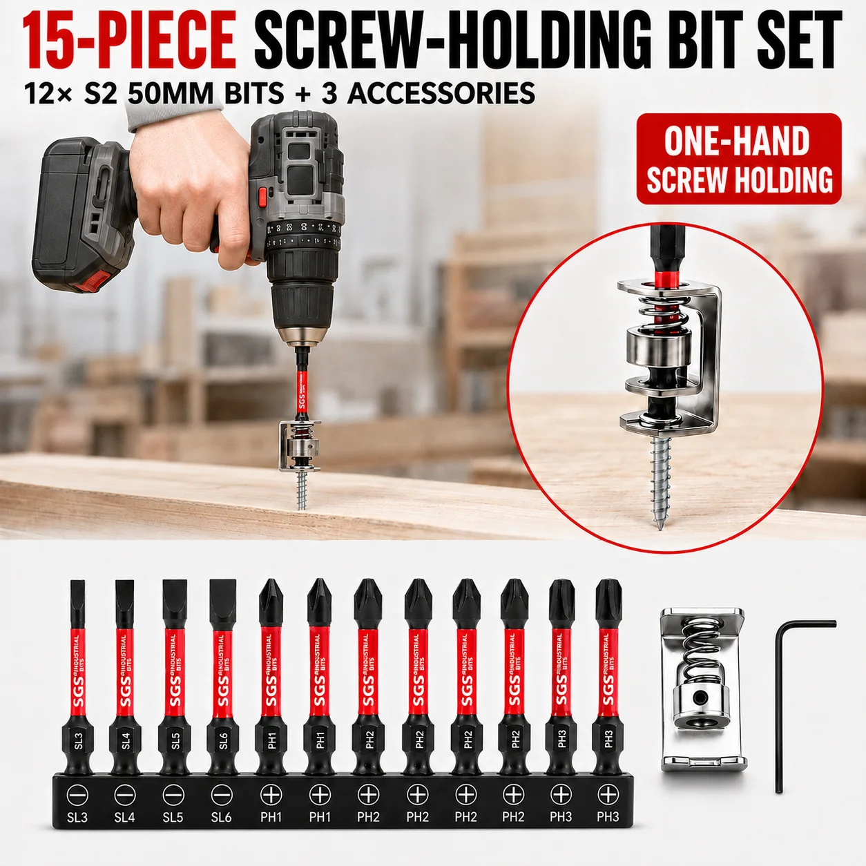 14PCS Anti Drop Screw Holder Clamp Set, Spring Loaded Screw Fixing Clip with 50mm+ S2 Magnetic PH SL Impact Screwdriver Bits for Electric Drill