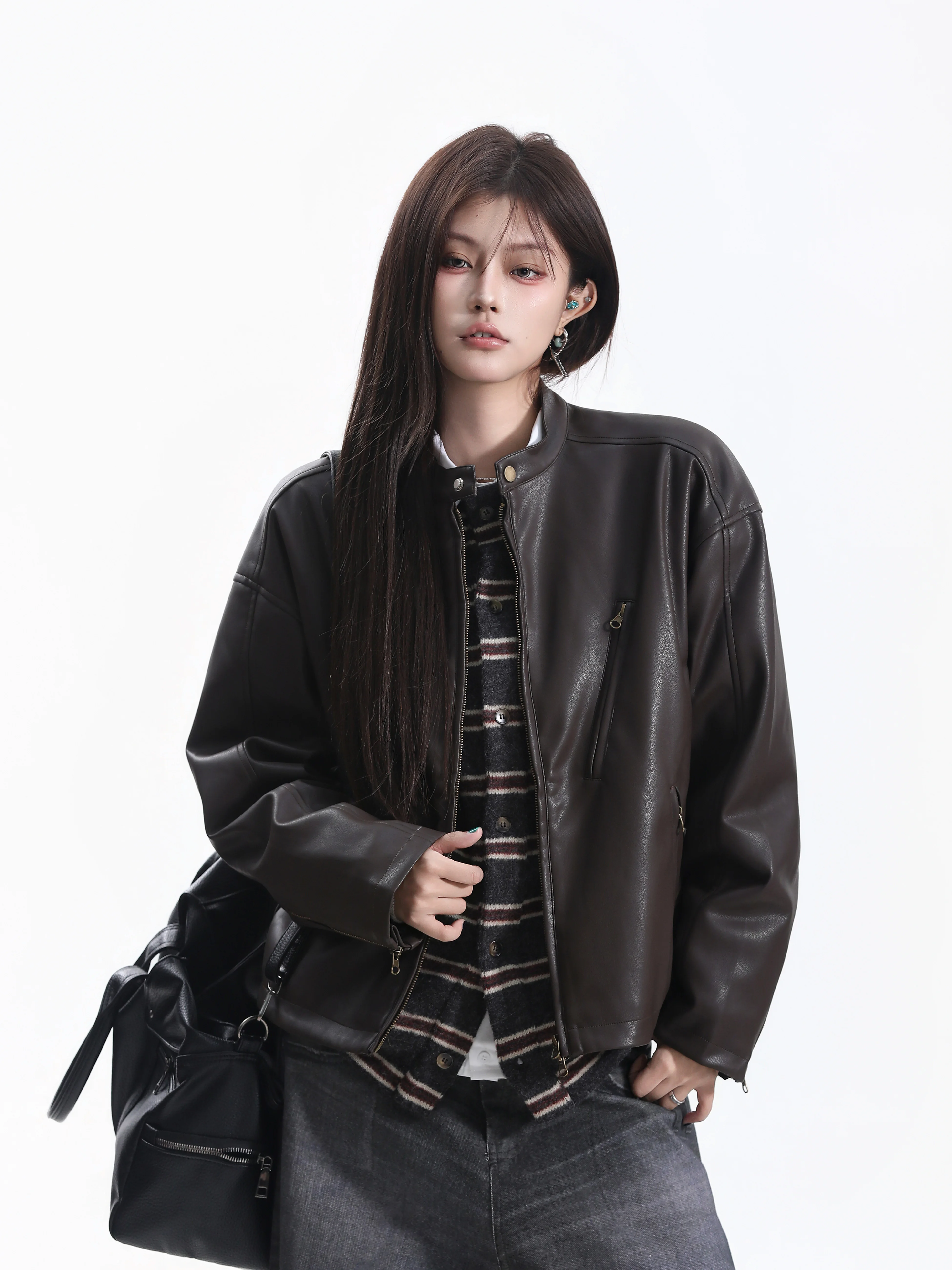 Matte American Style Biker Short Jacket Women Loose Fit Retro PU Leather Coat Couple's Jacket Zipper Closure Long Sleeve