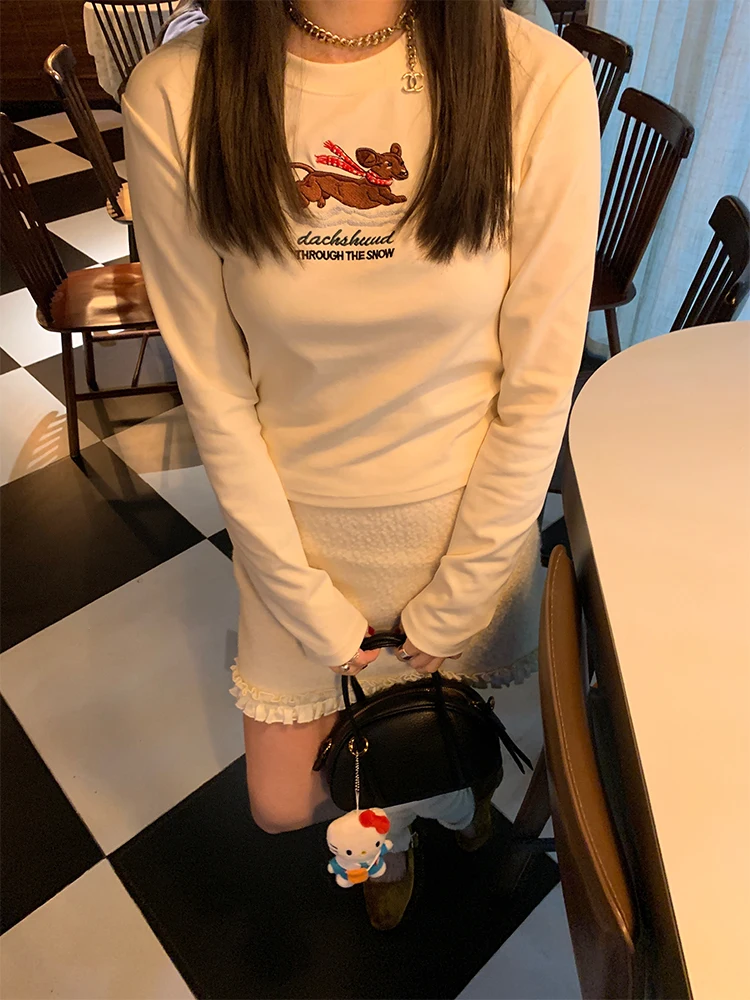 Long Sve Women's Base irt 2024 New Autumn Winter Slim Fit Embroidered Small Size T-irt Inner Wear Commute Sle round ...