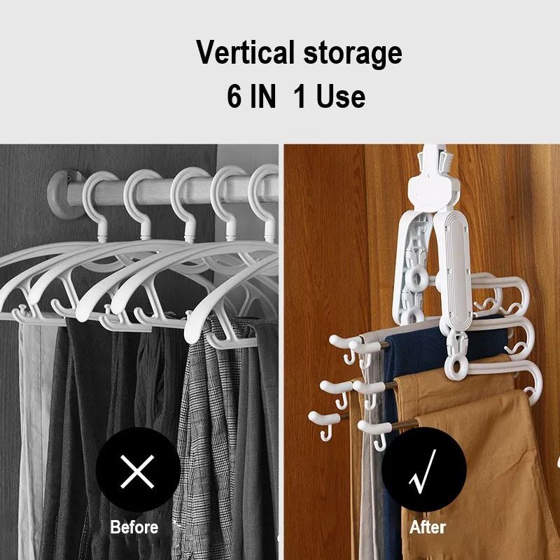 6 In 1 Magic Trouser Rack Hangers Multifunctional Folding Pant Rack Tie Hanger Shelves Bedroom Closet Organizer Wardrobe Storage