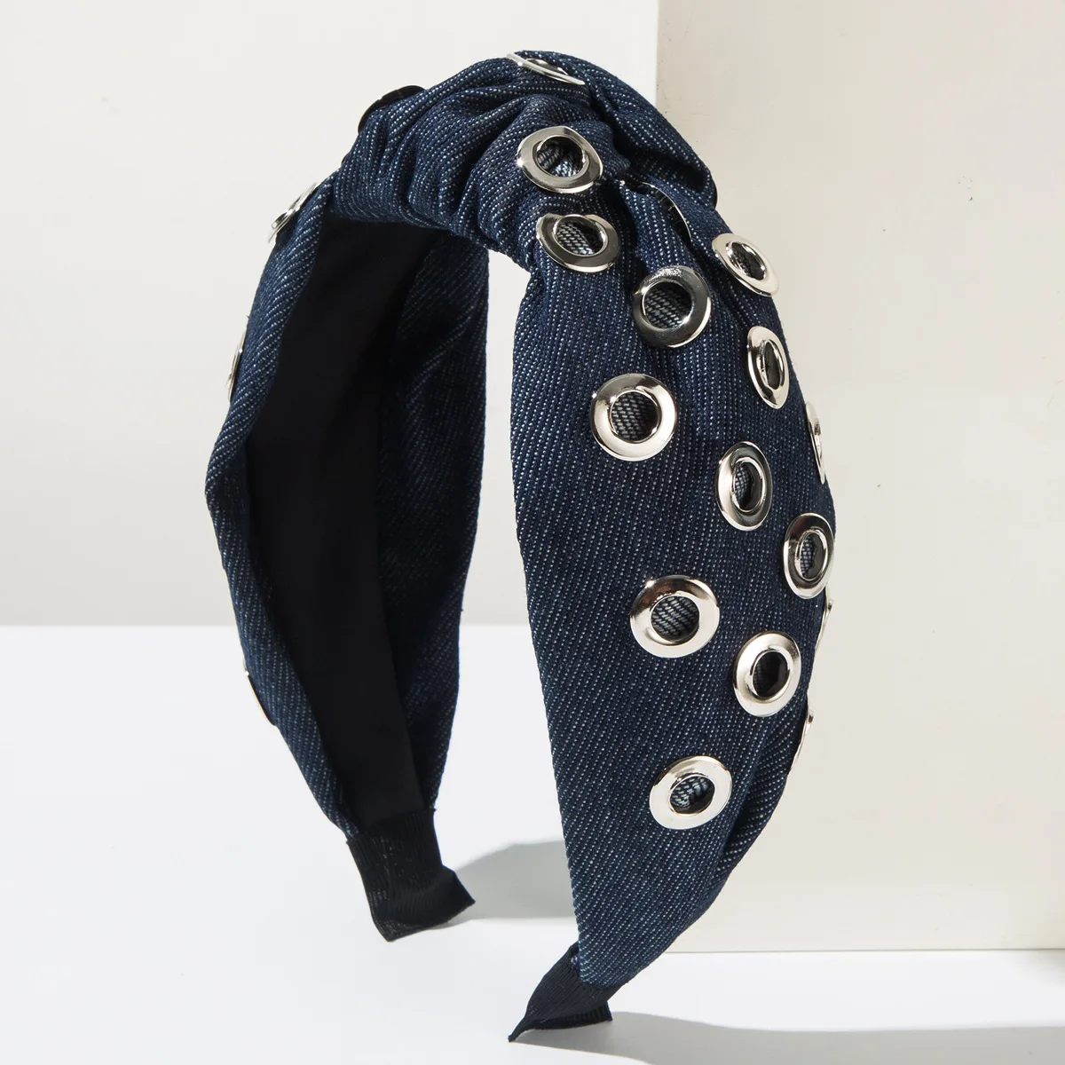 عصابة رأس على شكل جمجمة عالية معقودة من قماش الدنيم على الموضة الكورية للنساء، إكسسوار شعر دائري بسيط ومتعدد الاستخدامات