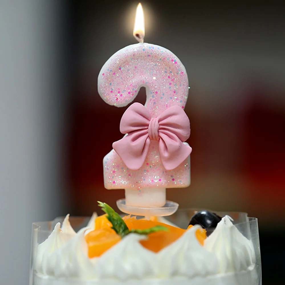 3D Number Cake Decorating Candles Glitter Pink Bow Digital Candles Cake Topper Birthday Party Memorial Day Party Cake Decoration