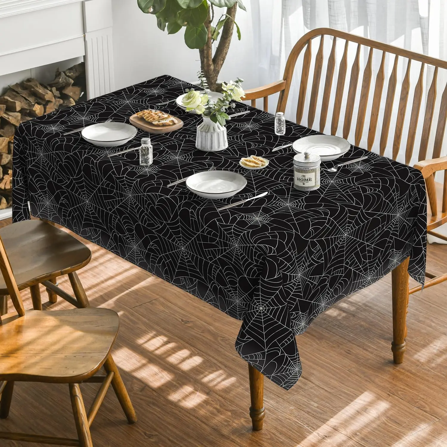 Halloween Cobweb Black Rectangular Washable Fabric Tablecloth Table Decor Durable Table Cover Party Picnic Dinner Decorations