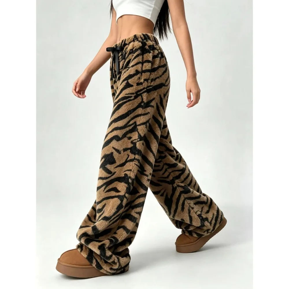 2026 New Women's Autumn and Winter Loose Plush Pants Leopard Print Casual Home and Outdoor Y2K Women's Sleeping Pants Plush