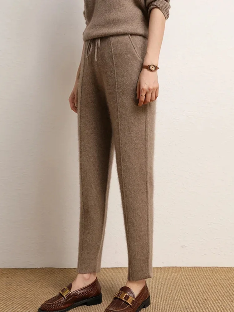 Women's 100% Wool Pants New Autumn and Winter Soft Comfortable High-Waist Knitted Thickening Pants Female Elastic Thin pants