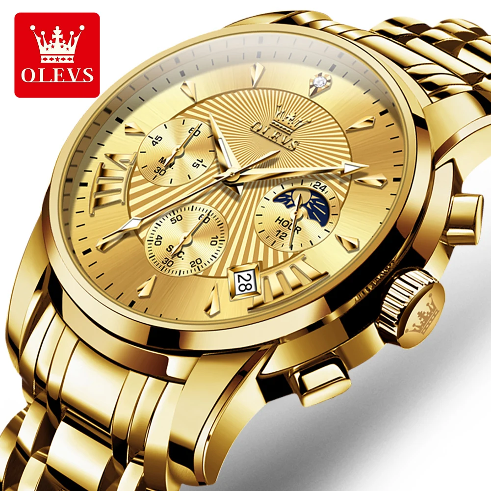 

OLEVS Men Gold Watch Original Quartz Watch Luxury Brand Waterproof Luminous Chronograph Classic Business Moon Phase Men Watch