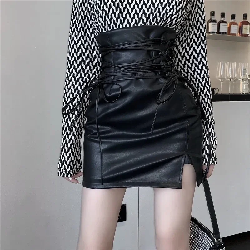 

ZHIO Skirts Woman Korean Fashion High Waist Pu Leather Lace-Up Mini Skirt Women Sexy Black Hip Lift Slim Party Club Short Skirt