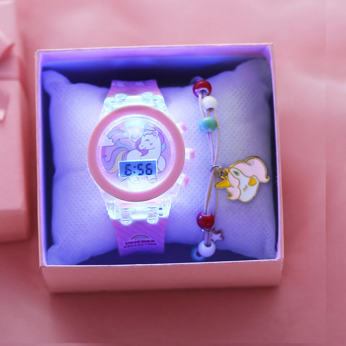 Flash Light Unicorn Children Watches with Bracelet Box Sports Girls Gift Digital LED Watch Women Ladies Toys