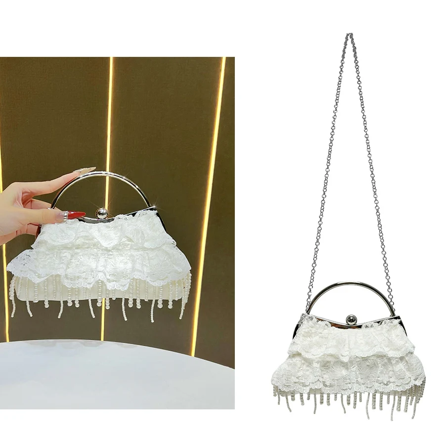 

Элегантная женская сумка, универсальная вечерняя сумка в китайском стиле, кружевная сумка через плечо с кисточками из бисера, клатч с металлической ручкой