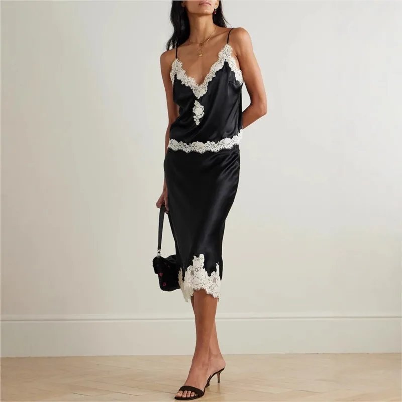 

Осень-зима 2025: новый женский повседневный домашний комплект из двух предметов с сексуальным кружевным топом на подтяжках и модным костюмом с юбкой